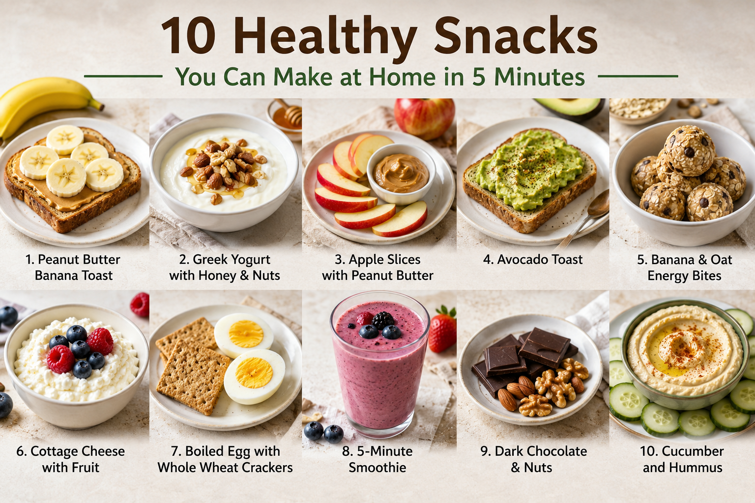 Healthy snacks prepared at home in 5 minutes including fruit, yogurt, nuts, and whole-grain options