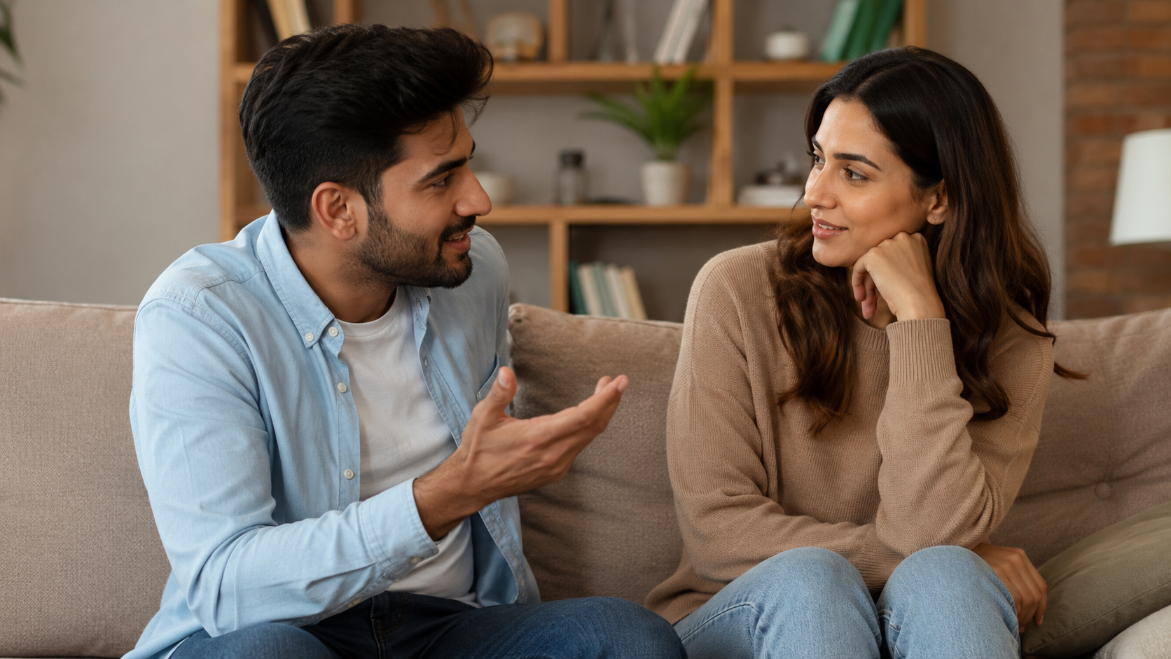 Couple having a meaningful conversation and actively listening to each other at home.