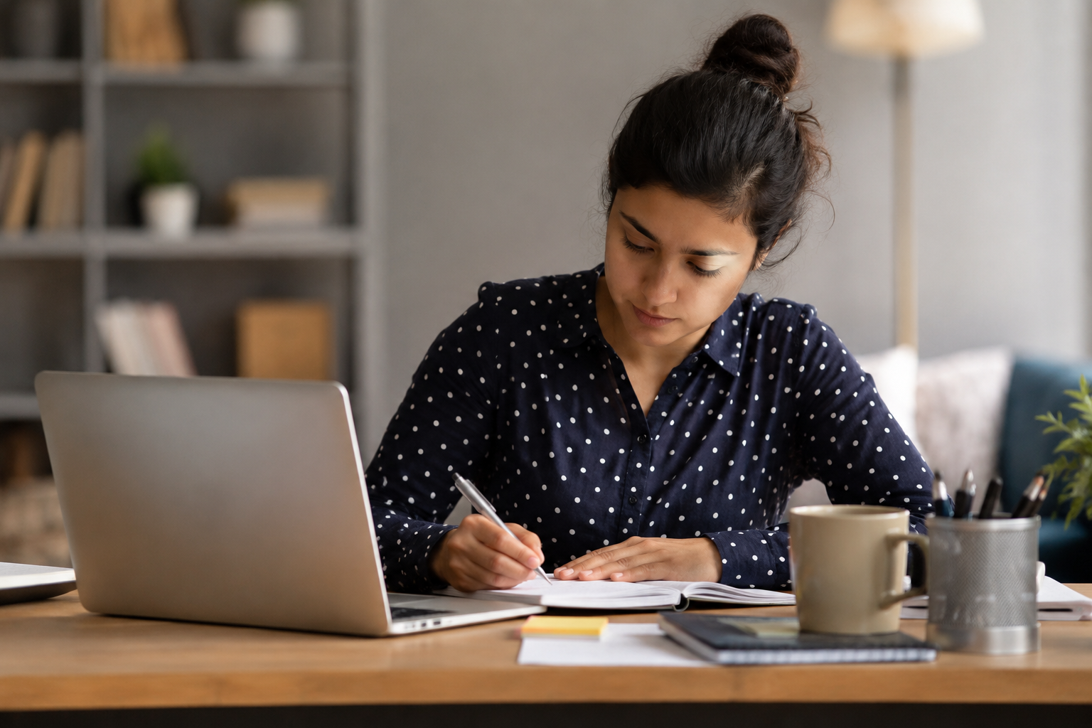 Woman working on a laptop and writing notes while focusing on an important task